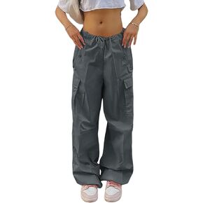 Women Baggy Cargo Pants Y2K Parachute Pant Drawstring Sweatpants Jogger Streetwear with Pocket