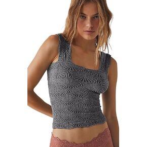Women's Love Letter Cami Square Neck Seamless Crop Tank Tops Sleeveless Jacquard Floral Wide Straps Vest Tops