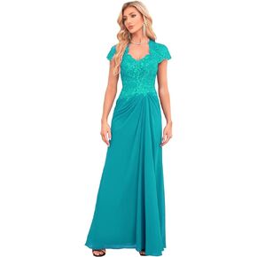Mkojaa Lace Appliques Mother of The Bride Dress with Sleeves Beaded Chiffon Formal Wedding Party Prom Gowns for Women