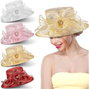 4 Pcs Women Organza Church Fascinator Bridal Flower Hat Wide Brim White Church Hat for Wedding Tea Cocktail Party Sun, White Beige Red Pink