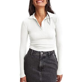 Tankaneo Womens Long Sleeve Shirts Casual V Neck Collared Slim Fit Ribbed Knit Solid Basic Tops T Shirt