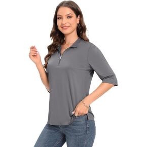 Womens Golf Shirt Quick Dry 3/4 Sleeve Tennis Tops UPF50+ Collared Golf Polo Shirts for Women with Zipper