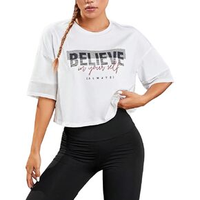 SweatyRocks Women's Letter Print Round Neck T Shirt Short Sleeve Drop Shoulder Sports Crop Tops
