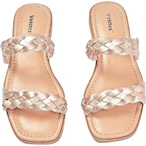 Veittes Women's Wide Width Flat Slide Sandals - Casual Classic Simple Strappy Slip on Flat Summer Sandals.