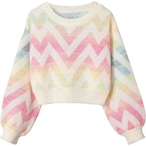 SHENHE Girl's Crewneck Lantern Sleeve Colorful Ombre Cute Chevron Knit Sweater Jumper