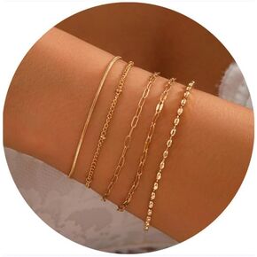 Gold Bracelets for Women 14k Gold Waterproof Layered Cuban Figaro Paperclip Rope Herringbone Snake Chain Bracelets Set Stackable Jewelry Gift