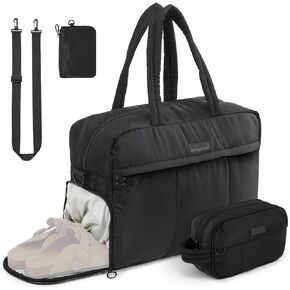 Travel Duffel Bag, Puffy Sports Tote Puffer Gym Bag with Toiletry Bag & Shoes Compartment, Quilted Weekender Overnight Bag for Women (Brown)