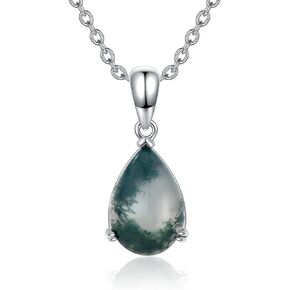 Natural Moss Agate Necklaces For Women 925 Sterling Silver Green Moss Agate Pear/Kite/Hexagon Cut/Branch Moss Agate Necklace Natural Moss Agate Jewelry For Her, 18’’-20’’