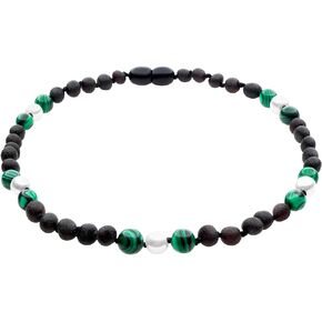 Genuine Amber Necklace From Baltic Sea Made With Unpolished Cherry Malachite & Pearl 33 cm (13 Inches)