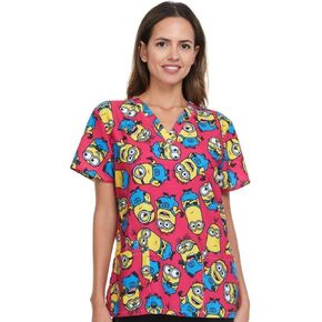 Minions Women's All Over Print, V-Neck Scrub Top with Pockets - Comfortable Work Uniform