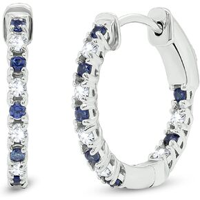 Poshadime 1 Cttw Round Shape Simulated Blue Sapphire and White Natural Diamond Hoop Earrings with Hinged Hoop In 14k White Gold Plated 925 Sterling Silver (Clarity-I2, Color-J, 1.04 Carat)