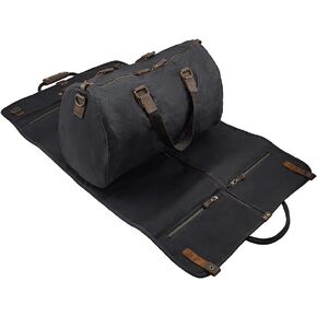 2 in 1 Waxed/Canvas Leather Suit Luggage Garment Bag with Shoulder Strap for Travel and Business Trips