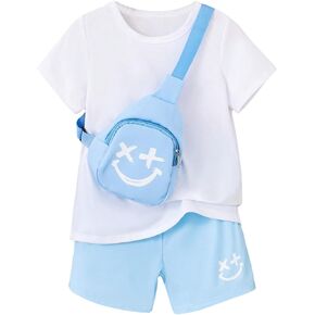 Floerns Toddler Boys 2 Piece Outfit Solid Tee Shirt and Graphic Print Shorts Set with Bag