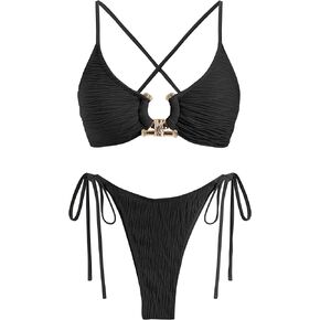 ZAFUL Women's Bikini Sets Ribbed Metal O Ring Criss Cross Two Piece Swimsuit Cheeky High Cut Side Tie Thong Bathing Suit