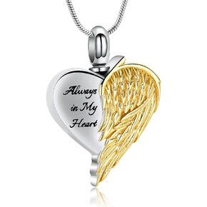 XSMZB Angel Wings Urn Necklaces for Ashes for Women Heart Cremation Jewelry for Ashes Always in My Heart Keepsake Pendant Urn Locket