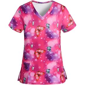 Scrub Tops for Women Stretchy Vneck Short Sleeve Cute Floral Animal Printed Holiday Nursing Pocketed Working Uniforms