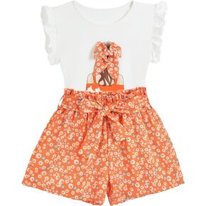 Toddler Girl Clothes 2 Piece Girls Outfits Set Print Bow Top and Belted Ditsy Floral Shorts for Spring Summer