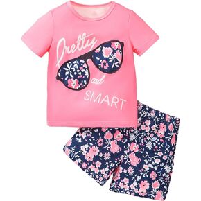 Floerns Girl's Two Piece Outfit Floral Print Short Sleeve Tee Shirt and Shorts Set