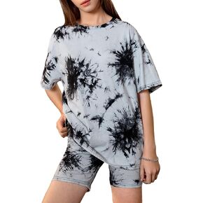 OYOANGLE Girl's 2 Piece Outfits Summer Casual Tie Dye Short Sleeve T-Shirt and Shorts Set Tracksuits
