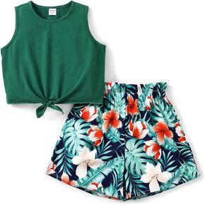 PATPAT Girl's 2 Piece Outfits Sleeveless Tie Knot Crop Top Elastic Short Summer Clothes Set 4-12Y