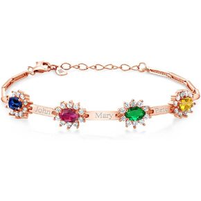 Gem Stone King Build Your Own Personalized 4-Stone Birthstones White Created Sapphire Free Engraving Lazer Cut 18K Rose Gold Plated Silver Bracelet For Women