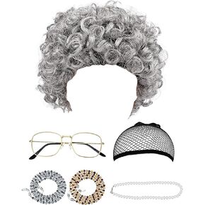 HESTYA 6 Pieces Grandma Costume Wig Old Lady Wig Halloween Cosplay Accessories for Dress up()