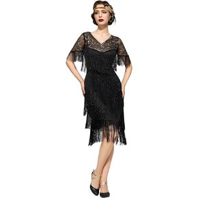 SWEETV 1920s Vintage Flapper Dresses for Women Fringed Great Gatsby Dresses Roaring 20s Dress with Sleeve