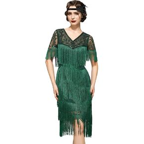 SWEETV 1920s Vintage Flapper Dresses for Women Fringed Great Gatsby Dresses Roaring 20s Dress with Sleeve