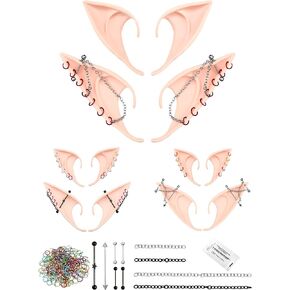 Tudomro 6 Pairs Elf Ears Set with 30 Chains and 300 Jump Rings Fairy Ears Pixie Ears for Kids Women Elf Ears with Piercings Latex Fairy Ears Cosplay for Party Costume Accessory