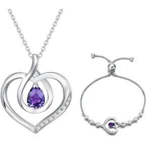 Agvana February Birthstone Heart Necklace Bracelet for Women Sterling Silver Genuine Amethyst Infinity Love Pendant Fine Jewelry Set Mothers Day Gifts for Mom Anniversary Birthday Gifts for Mother Her