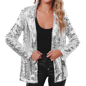 Ladyful Womens Sequin Blazer Jacket Open Front Long Sleeve Sparkly Glitter Party Cardigan Coat