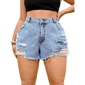 BEAUDRM Women's Plus Size High Waist Zipper Straight Leg Ripped Raw Hem Denim Shorts