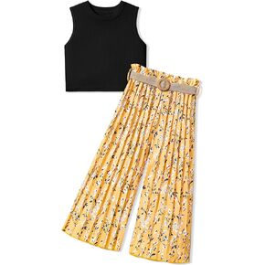 BAVADER Girls Clothes 7-14Y Kids Clothes Girls Rib Crop Tank Tops + Pleated Wide Leg Pants Girls 2 Piece Summer Outfits