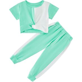 الفتيات مجموعة ملابس التعادل تويست كم قصير تي شيرت بانت بدلة غير رسمية فتاة صغيرة الصيف بلايز Sweatpants وتتسابق 3-10Y in Kuwait