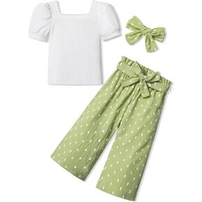 CRISONE Toddler Girl Clothes Square Neck Puff Sleeve Tops + Wide Leg Pants + Headband 3pcs Spring Summer Girl Outfits