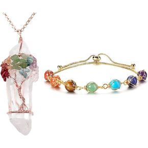 Jovivi Bundle - 2 Items Chakra Gemstone Tree of Life Wire Wrapped Natural Clear Quartz Necklace + 7 Chakra Stones Bracelet for Women Girls Adjustable 14K Gold Wire Wrapped 8mm Natural Round Gemstone