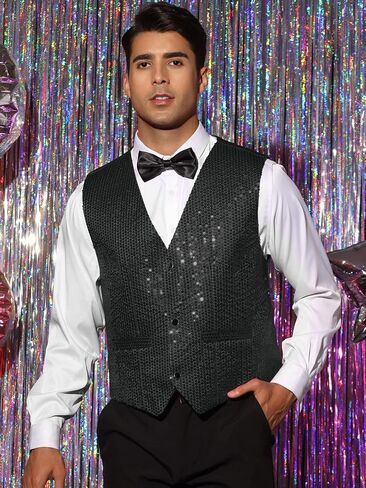 Lars Amadeus Shiny Sequin Vest for Men's V-Neck Party Sleeveless Suit Waistcoat in Saudi Arabia