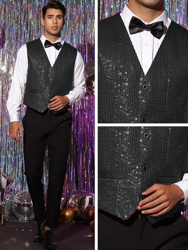 Lars Amadeus Shiny Sequin Vest for Men's V-Neck Party Sleeveless Suit Waistcoat in Saudi Arabia