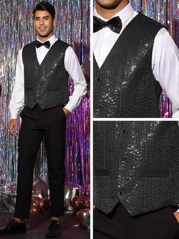 Lars Amadeus Shiny Sequin Vest for Men's V-Neck Party Sleeveless Suit Waistcoat in Saudi Arabia