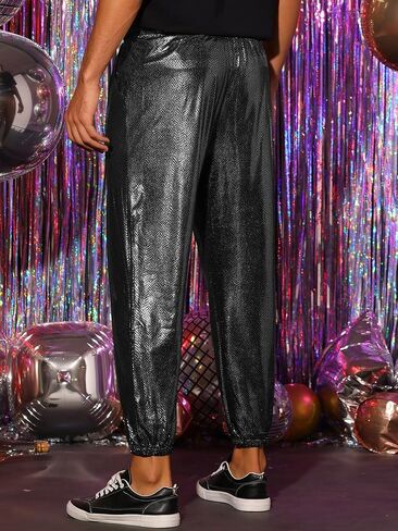 Lars Amadeus Metallic Sequin Joggers for Men's Drawstring Waist Disco Costume Sparkly Pants in Saudi Arabia