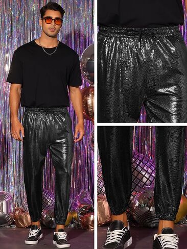 Lars Amadeus Metallic Sequin Joggers for Men's Drawstring Waist Disco Costume Sparkly Pants in Saudi Arabia
