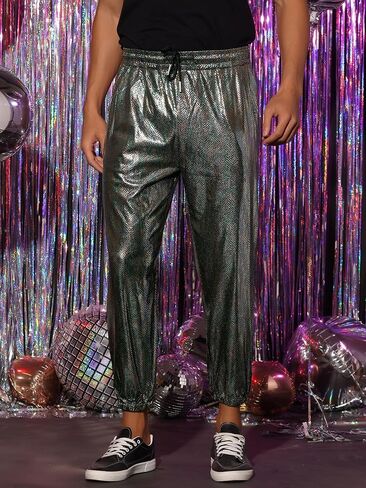 Lars Amadeus Metallic Sequin Joggers for Men's Drawstring Waist Disco Costume Sparkly Pants in Saudi Arabia