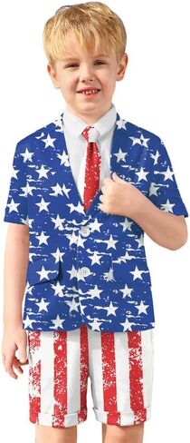 Child Boys 4th July President's Day 3-Piece Suit Vintage Blue Red Stars and Stripes Tee Shirt Merica Patriotic Flag Short Outfit 9-10 Years #2 in Kuwait