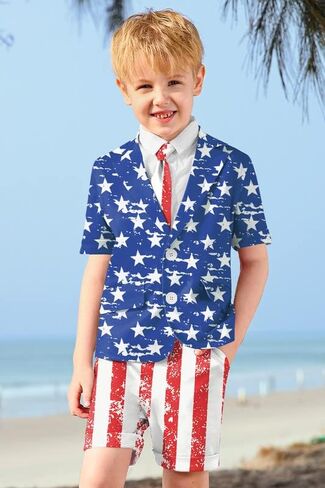 Child Boys 4th July President's Day 3-Piece Suit Vintage Blue Red Stars and Stripes Tee Shirt Merica Patriotic Flag Short Outfit 9-10 Years #2 in Kuwait