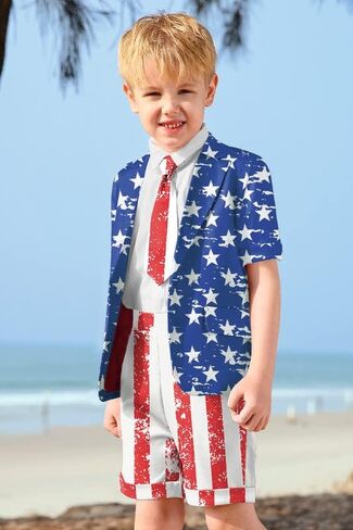 Child Boys 4th July President's Day 3-Piece Suit Vintage Blue Red Stars and Stripes Tee Shirt Merica Patriotic Flag Short Outfit 9-10 Years #2 in Kuwait