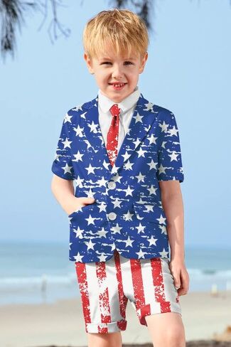 Child Boys 4th July President's Day 3-Piece Suit Vintage Blue Red Stars and Stripes Tee Shirt Merica Patriotic Flag Short Outfit 9-10 Years #2 in Kuwait