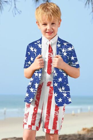 Child Boys 4th July President's Day 3-Piece Suit Vintage Blue Red Stars and Stripes Tee Shirt Merica Patriotic Flag Short Outfit 9-10 Years #2 in Kuwait