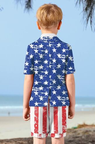 Child Boys 4th July President's Day 3-Piece Suit Vintage Blue Red Stars and Stripes Tee Shirt Merica Patriotic Flag Short Outfit 9-10 Years #2 in Kuwait