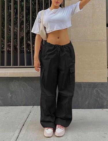 Women Baggy Cargo Pants Y2K Parachute Pant Drawstring Sweatpants Jogger Streetwear with Pocket in Saudi Arabia