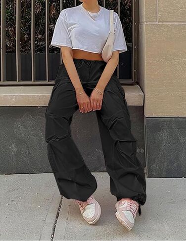 Women Baggy Cargo Pants Y2K Parachute Pant Drawstring Sweatpants Jogger Streetwear with Pocket in Saudi Arabia